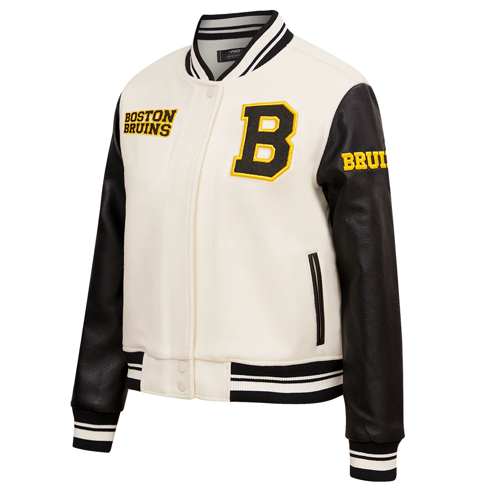 NHL BOSTON BRUINS RETRO CLASSIC WOMEN'S RIB WOOL VARSITY JACKET (EGGSHELL/ BLACK) - Image 8