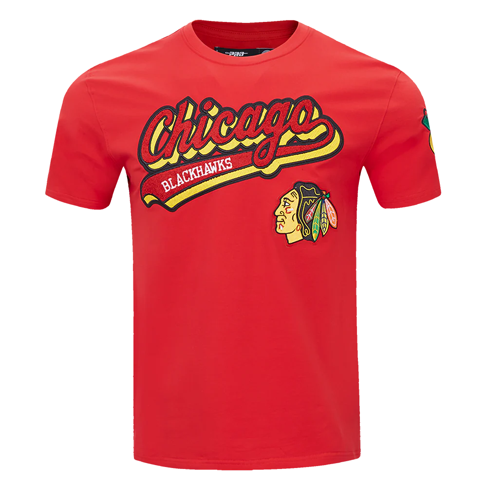 NHL CHICAGO BLACKHAWKS SCRIPT TAIL MEN'S   TEE (RED)