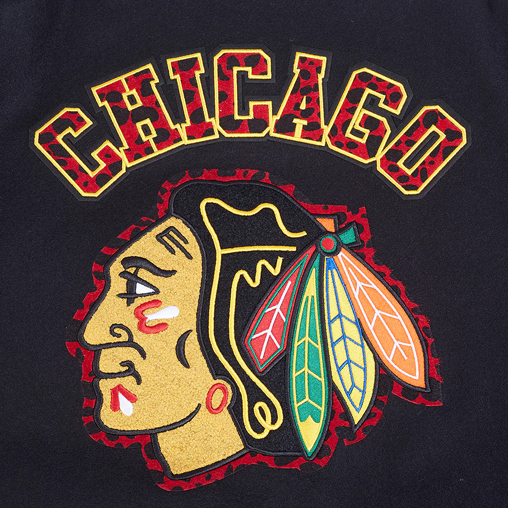 NHL CHICAGO BLACKHAWKS ANIMAL PRINT MEN'S WOOL VARSITY JACKET (JET BLACK) - Image 10