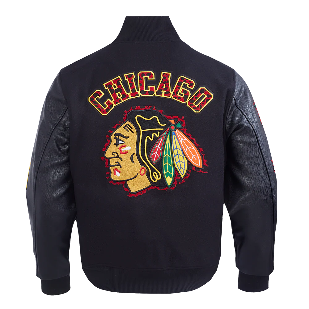 NHL CHICAGO BLACKHAWKS ANIMAL PRINT MEN'S WOOL VARSITY JACKET (JET BLACK) - Image 3