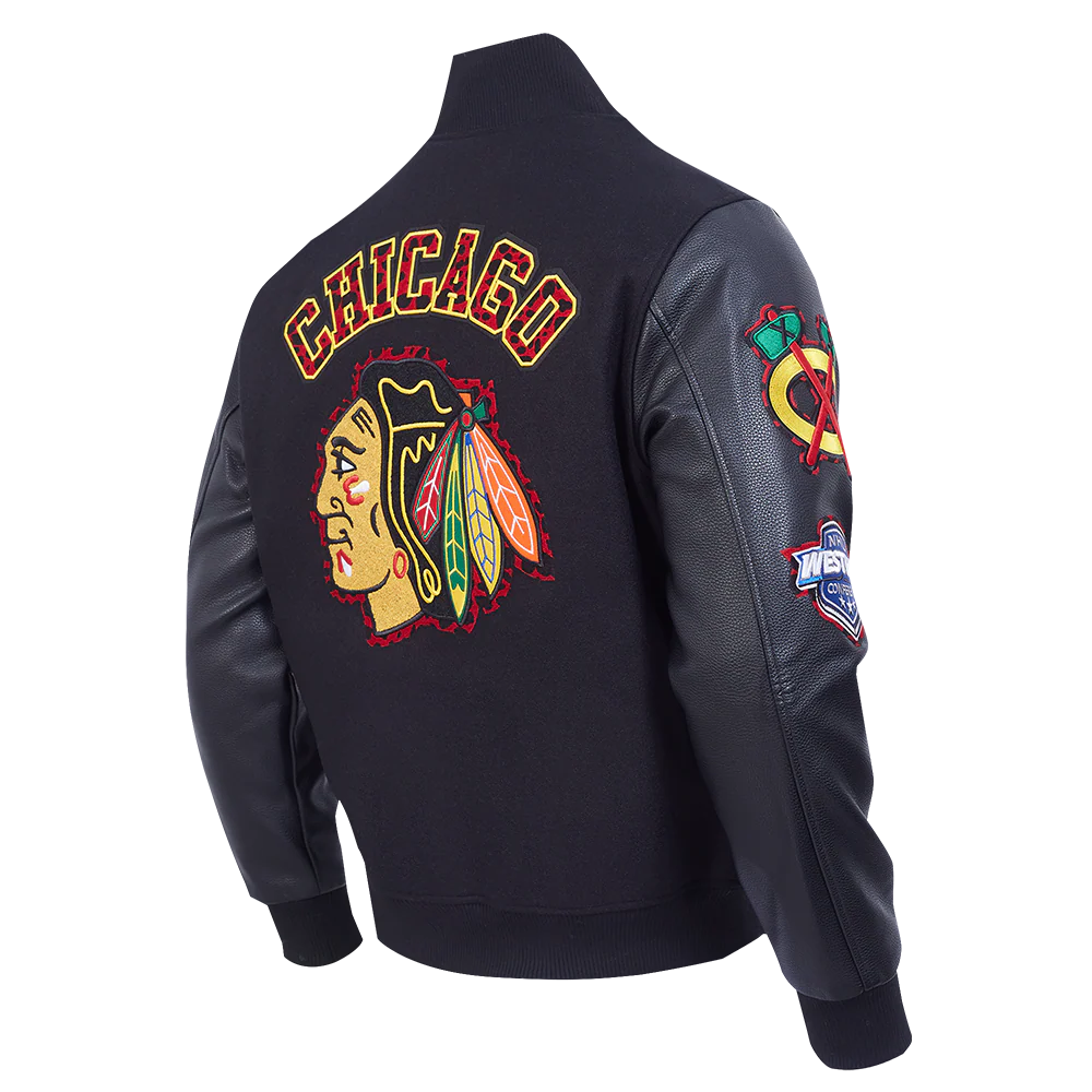 NHL CHICAGO BLACKHAWKS ANIMAL PRINT MEN'S WOOL VARSITY JACKET (JET BLACK) - Image 4