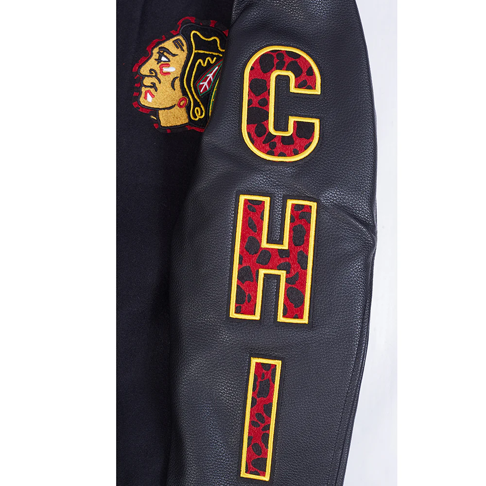 NHL CHICAGO BLACKHAWKS ANIMAL PRINT MEN'S WOOL VARSITY JACKET (JET BLACK) - Image 5