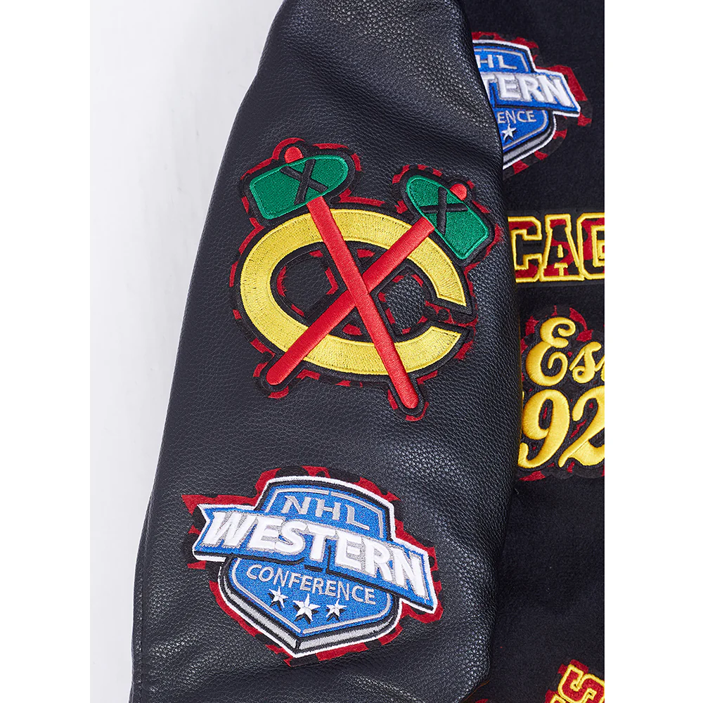 NHL CHICAGO BLACKHAWKS ANIMAL PRINT MEN'S WOOL VARSITY JACKET (JET BLACK) - Image 6