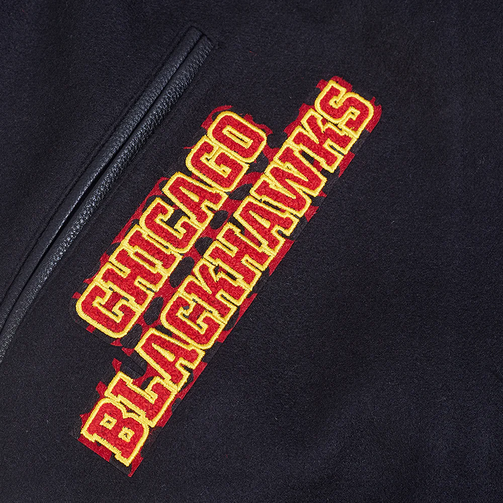 NHL CHICAGO BLACKHAWKS ANIMAL PRINT MEN'S WOOL VARSITY JACKET (JET BLACK) - Image 7