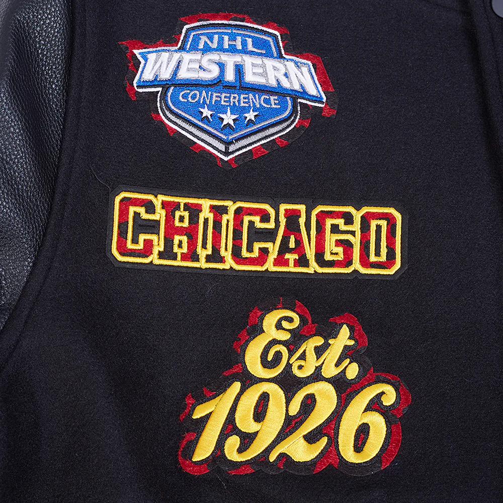 NHL CHICAGO BLACKHAWKS ANIMAL PRINT MEN'S WOOL VARSITY JACKET (JET BLACK) - Image 8