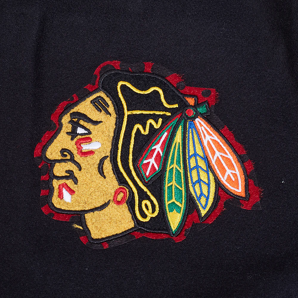 NHL CHICAGO BLACKHAWKS ANIMAL PRINT MEN'S WOOL VARSITY JACKET (JET BLACK) - Image 9