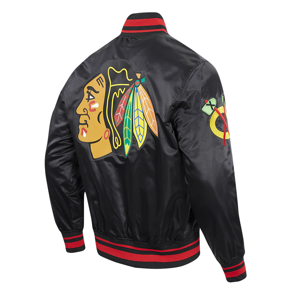 NHL CHICAGO BLACKHAWKS SCRIPT TAIL MEN'S RIB SATIN JACKET (BLACK/RED/BLACK) - Image 4