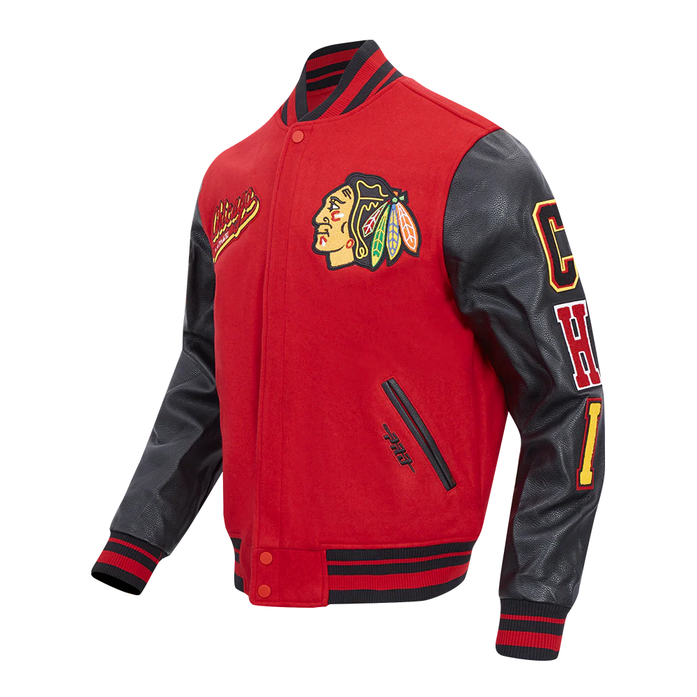 NHL CHICAGO BLACKHAWKS SCRIPT TAIL MEN'S RIB WOOL VARSITY JACKET (RED/BLACK) - Image 2