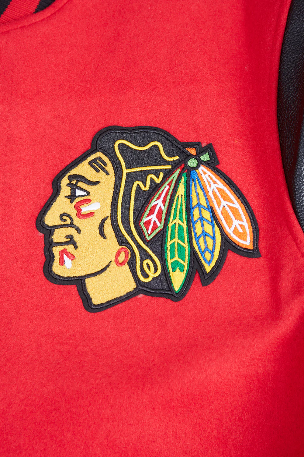 NHL CHICAGO BLACKHAWKS SCRIPT TAIL MEN'S RIB WOOL VARSITY JACKET (RED/BLACK) - Image 5