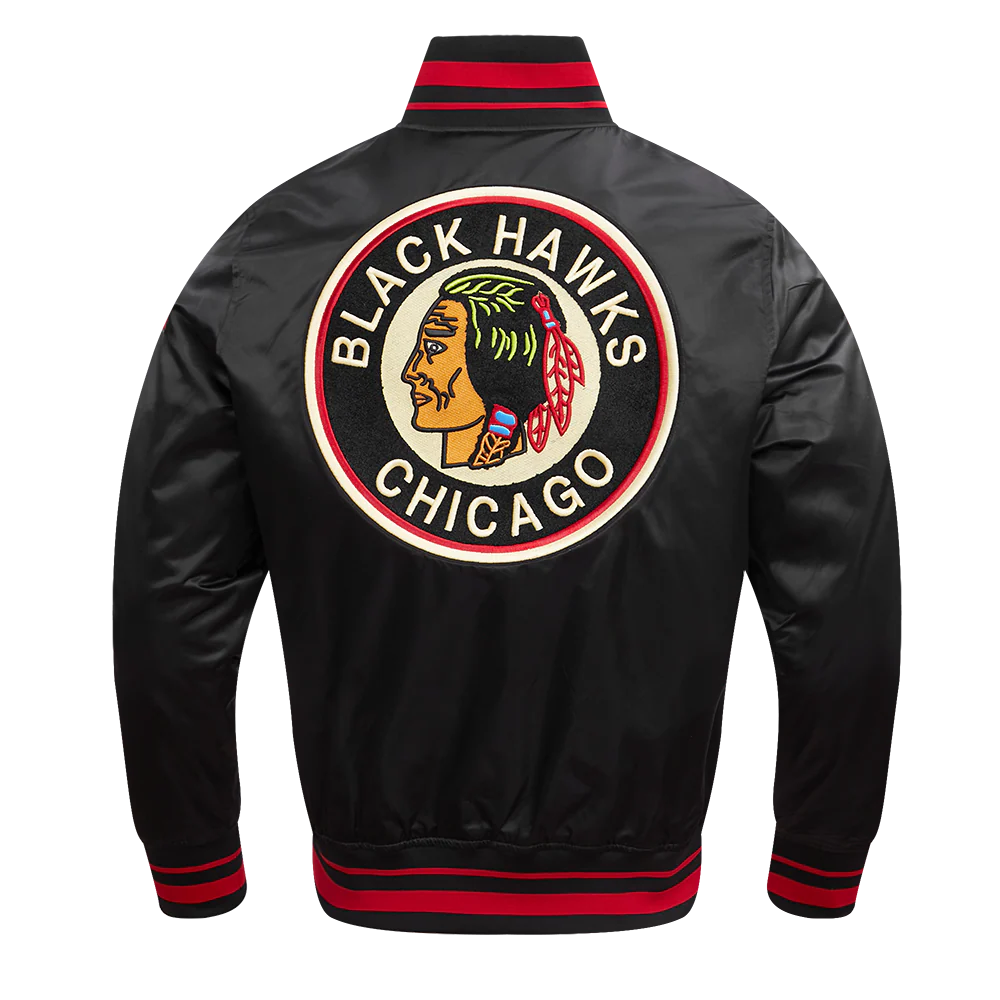 NHL CHICAGO BLACKHAWKS RETRO CLASSIC RIB SATIN JACKET (BLACK/RED/BLACK) - Image 4