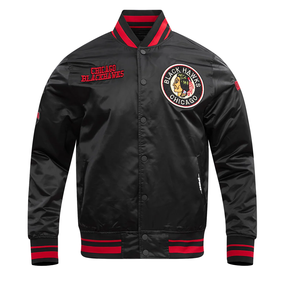 NHL CHICAGO BLACKHAWKS RETRO CLASSIC RIB SATIN JACKET (BLACK/RED/BLACK) - Image 9