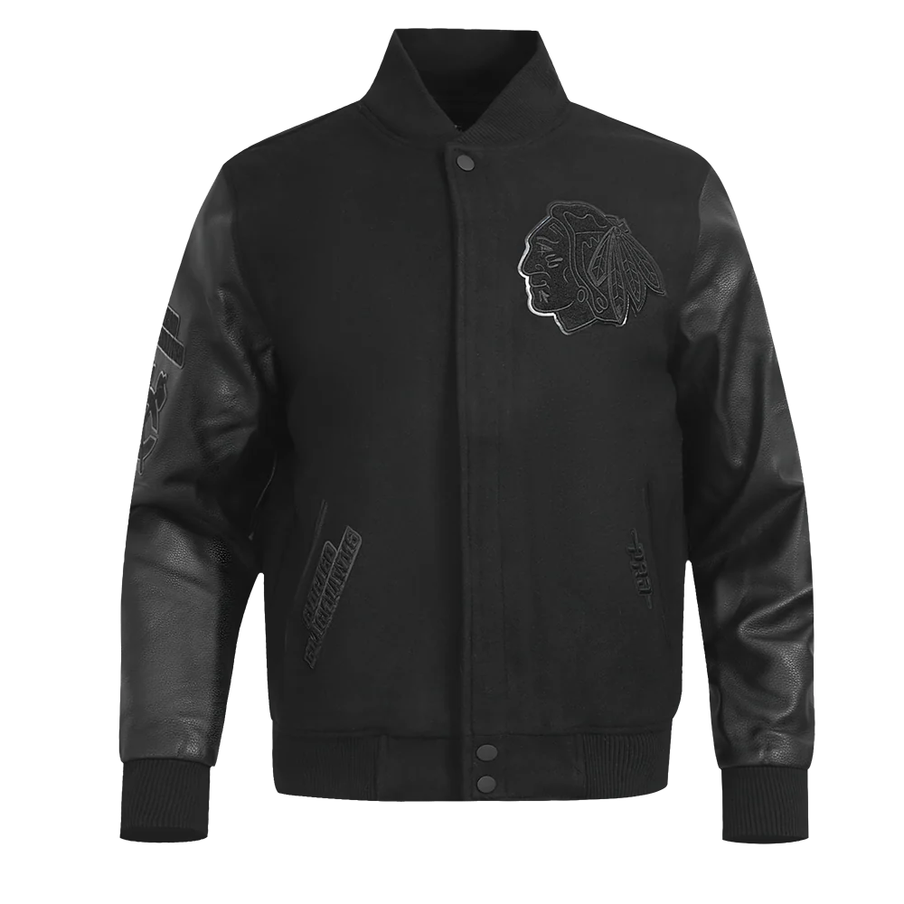 CHICAGO BLACKHAWKS TRIPLE BLACK MEN'S WOOL VARSITY JACKET (TRIPLE BLACK) - Image 3