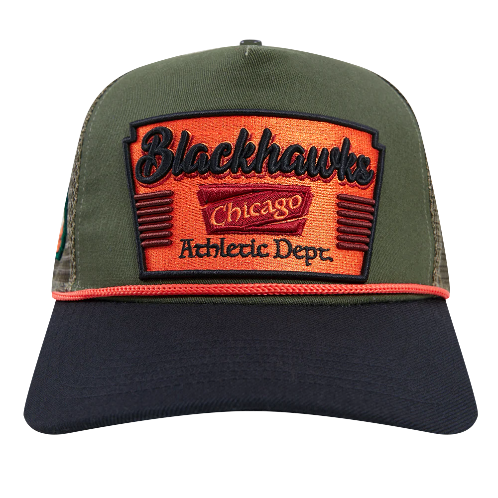 NHL CHICAGO BLACKHAWKS INSIGNIA WOOL 2 TONE PINCH FRONT TRUCKER (OLIVE/BLACK)