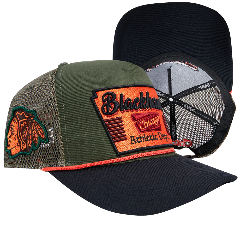 NHL CHICAGO BLACKHAWKS INSIGNIA WOOL 2 TONE PINCH FRONT TRUCKER (OLIVE/BLACK) - Image 7