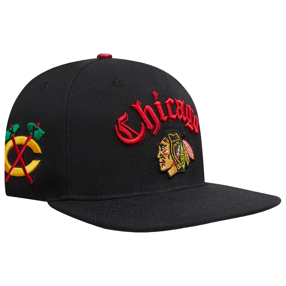 NHL CHICAGO BLACKHAWKS OLD ENGLISH UNISEX 6 PANEL SNAPBACK HAT (BLACK) - Image 2