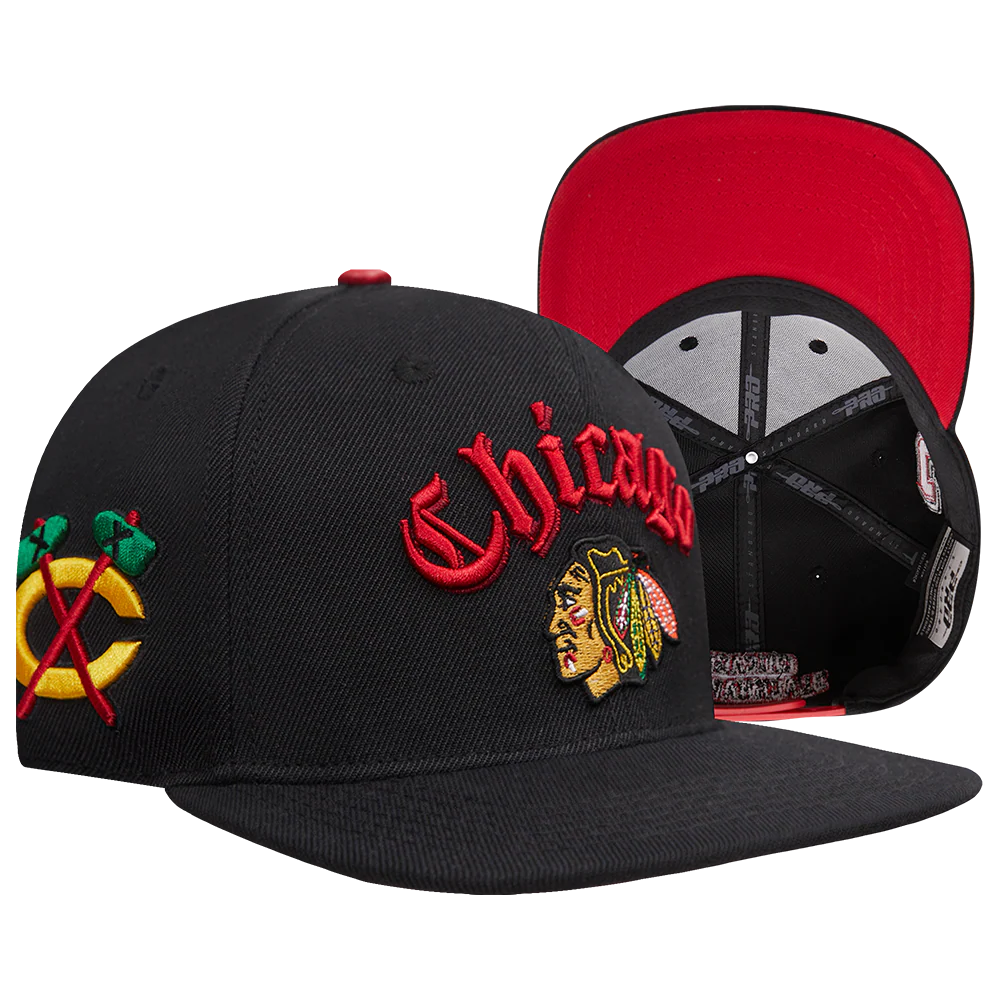NHL CHICAGO BLACKHAWKS OLD ENGLISH UNISEX 6 PANEL SNAPBACK HAT (BLACK) - Image 8