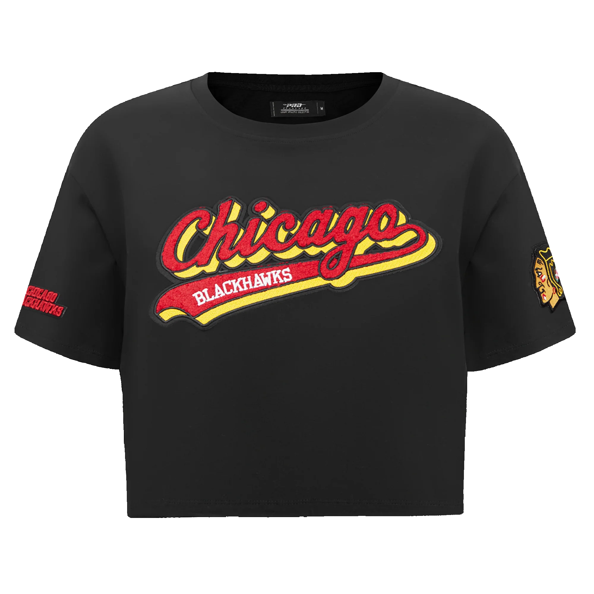 NHL CHICAGO BLACKHAWKS SCRIPT TAIL WOMEN'S SINGLE JERSEY BOXY TEE (BLACK)