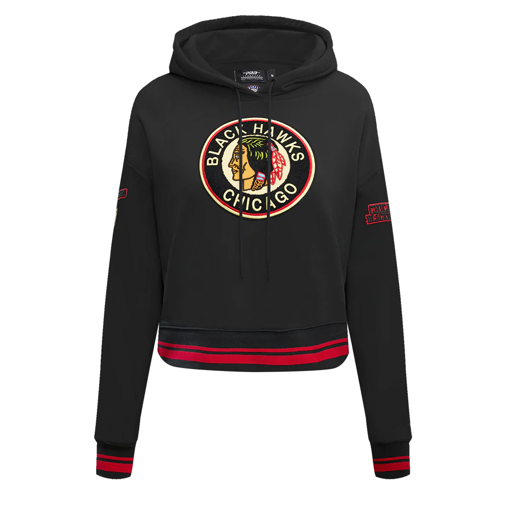 NHL CHICAGO BLACKHAWKS RETRO CLASSIC WOMEN'S RIB CROPPED PULLOVER HOODIE (BLACK/RED/BLACK) - Image 3
