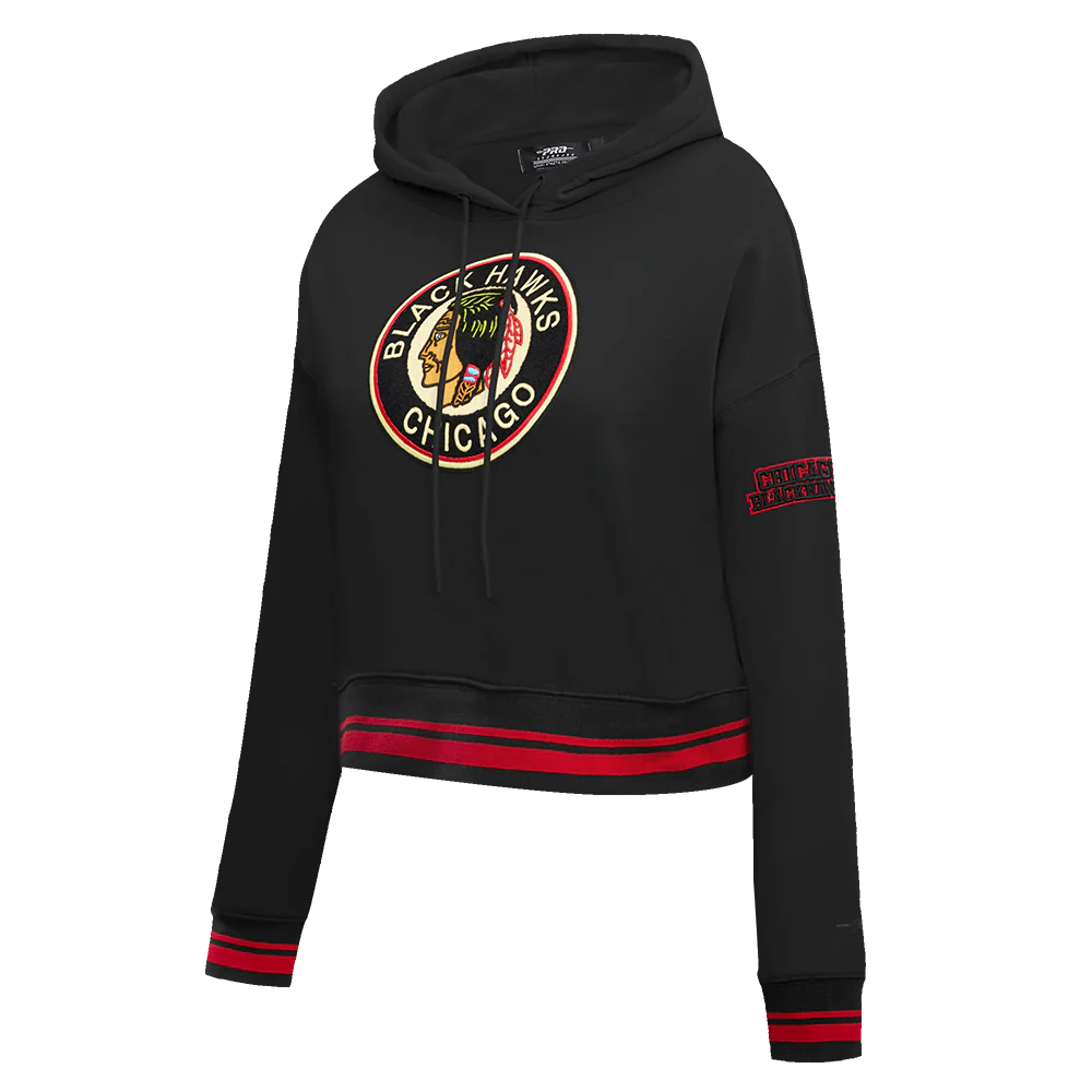 NHL CHICAGO BLACKHAWKS RETRO CLASSIC WOMEN'S RIB CROPPED PULLOVER HOODIE (BLACK/RED/BLACK) - Image 4