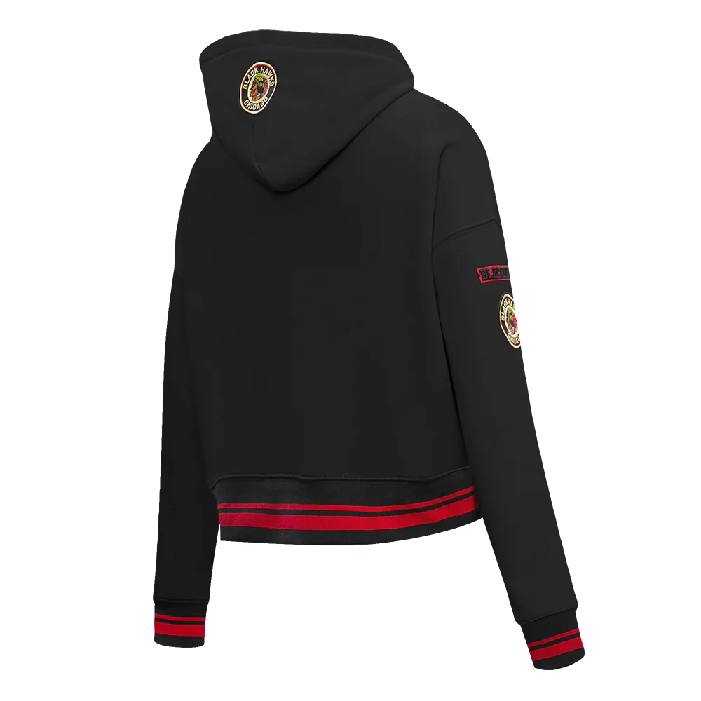 NHL CHICAGO BLACKHAWKS RETRO CLASSIC WOMEN'S RIB CROPPED PULLOVER HOODIE (BLACK/RED/BLACK) - Image 5