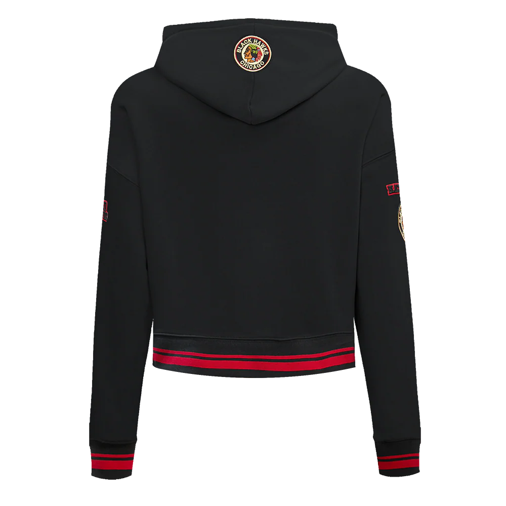 NHL CHICAGO BLACKHAWKS RETRO CLASSIC WOMEN'S RIB CROPPED PULLOVER HOODIE (BLACK/RED/BLACK) - Image 6