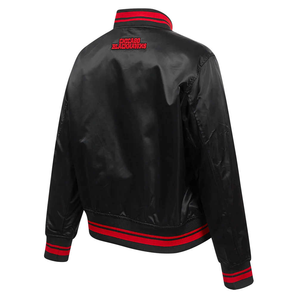 NHL CHICAGO BLACKHAWKS SCRIPT TAIL WOMEN'S SATIN JACKET (BLACK/RED/BLACK) - Image 4