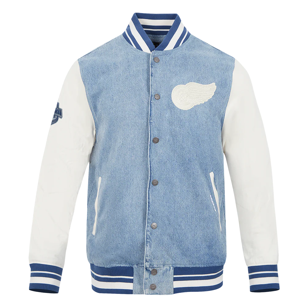 NHL DETROIT RED WINGS VARSITY BLUES MEN'S DENIM VARSITY JACKET (DENIM/LINEN)