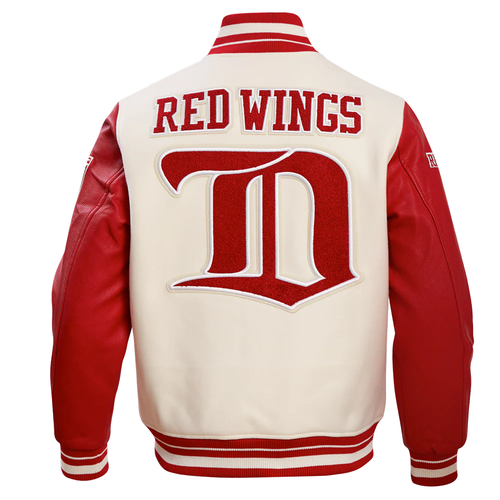 NHL DETROIT RED WINGS RETRO CLASSIC MEN'S RIB WOOL VARSITY JACKET (EGGSHELL/ RED) - Image 13