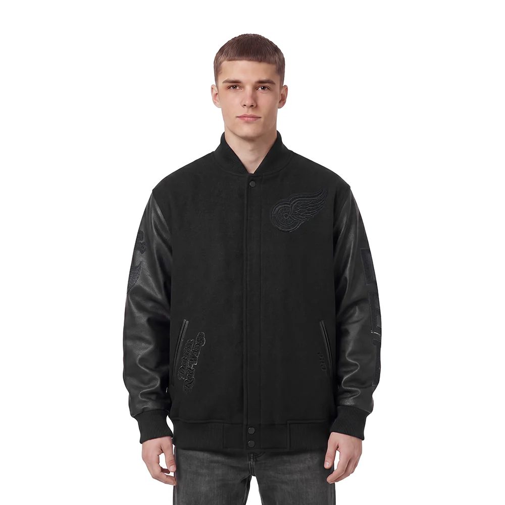 NHL DETROIT RED WINGS TRIPLE BLACK MEN'S WOOL VARSITY JACKET (TRIPLE BLACK)