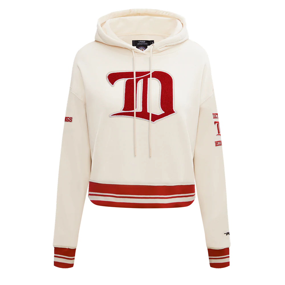 NHL DETROIT RED WINGS RETRO CLASSIC WOMEN'S RIB CROPPED PULLOVER HOODIE (EGGSHELL/ RED)