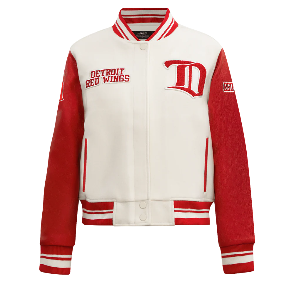 NHL DETROIT RED WINGS RETRO CLASSIC WOMEN'S RIB WOOL VARSITY JACKET (EGGSHELL/ RED)
