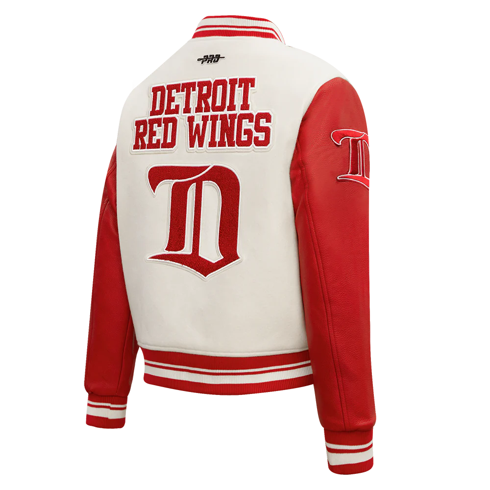 NHL DETROIT RED WINGS RETRO CLASSIC WOMEN'S RIB WOOL VARSITY JACKET (EGGSHELL/ RED) - Image 3