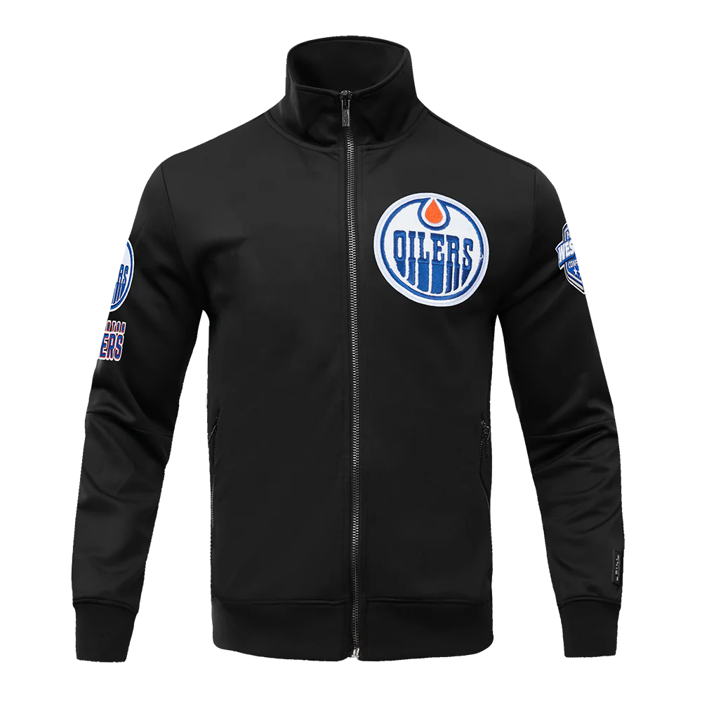 NHL EDMONTON OILERS CLASSIC CHENILLE MEN'S DOUBLE KNIT TRACK JACKET (BLACK)
