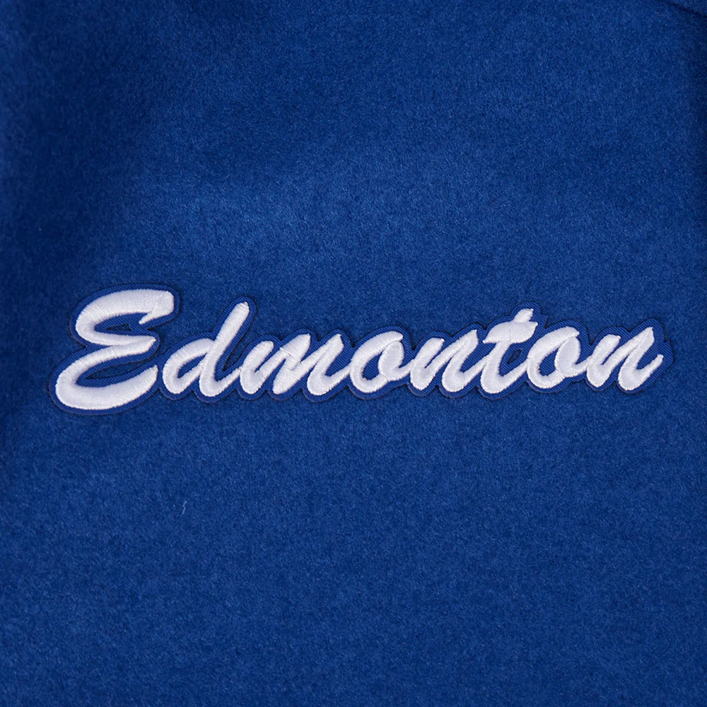 NHL EDMONTON OILERS TEAM BADGE MEN'S RIB WOOL VARSITY JACKET (DODGER BLUE/WHITE) - Image 10