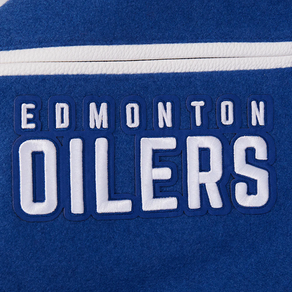 NHL EDMONTON OILERS TEAM BADGE MEN'S RIB WOOL VARSITY JACKET (DODGER BLUE/WHITE) - Image 11
