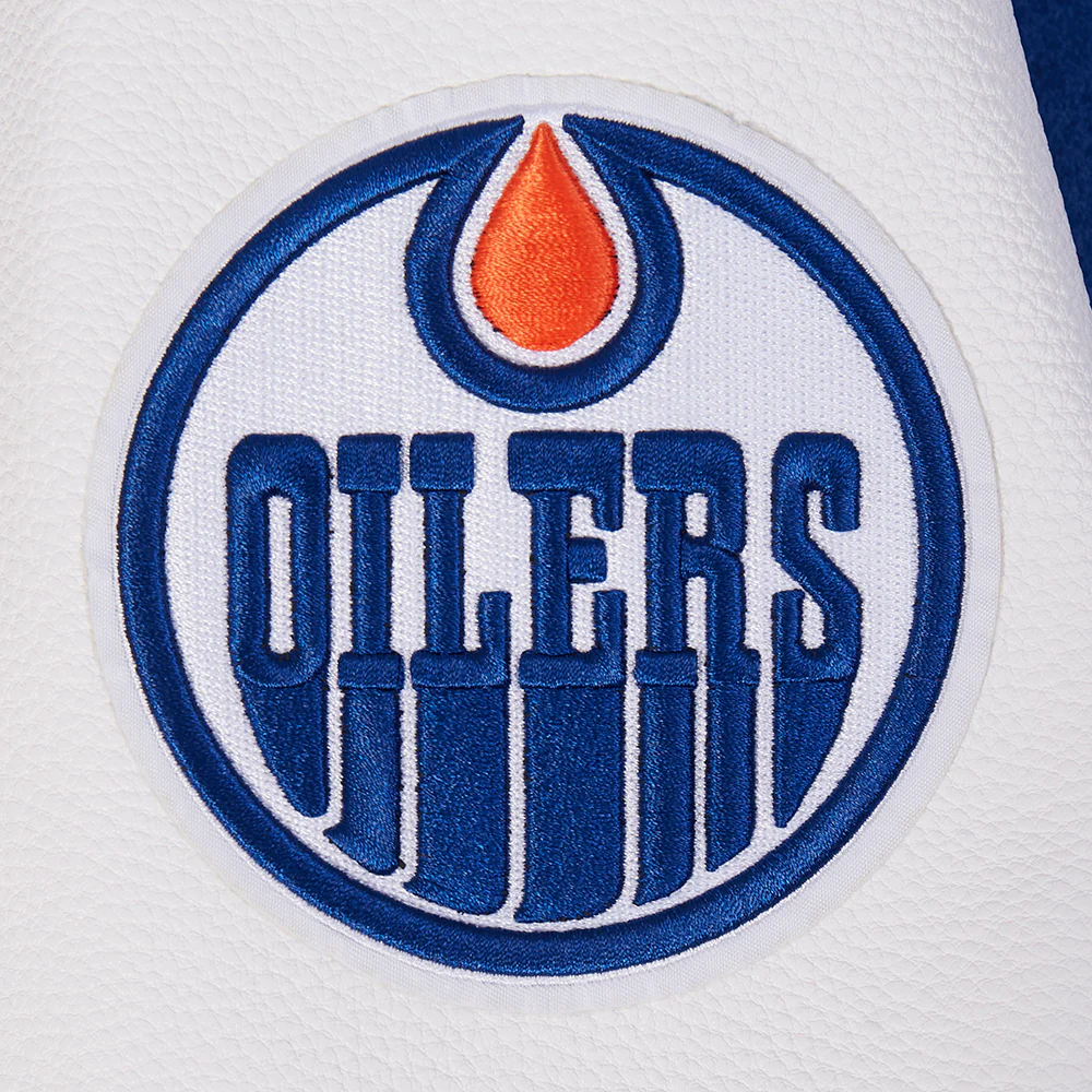 NHL EDMONTON OILERS TEAM BADGE MEN'S RIB WOOL VARSITY JACKET (DODGER BLUE/WHITE) - Image 12