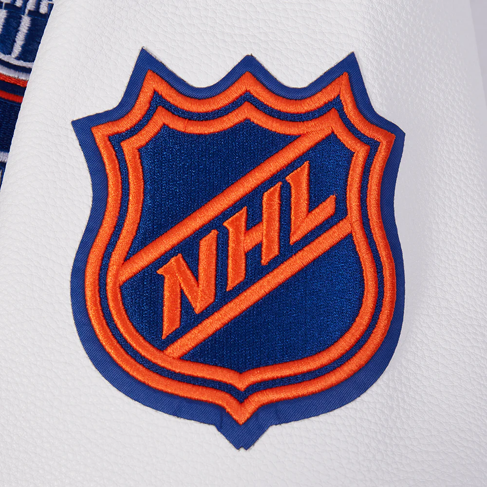 NHL EDMONTON OILERS TEAM BADGE MEN'S RIB WOOL VARSITY JACKET (DODGER BLUE/WHITE) - Image 13
