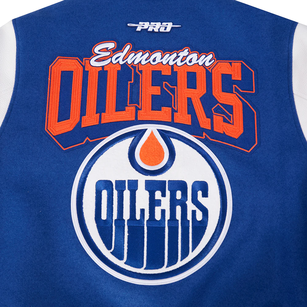 NHL EDMONTON OILERS TEAM BADGE MEN'S RIB WOOL VARSITY JACKET (DODGER BLUE/WHITE) - Image 14