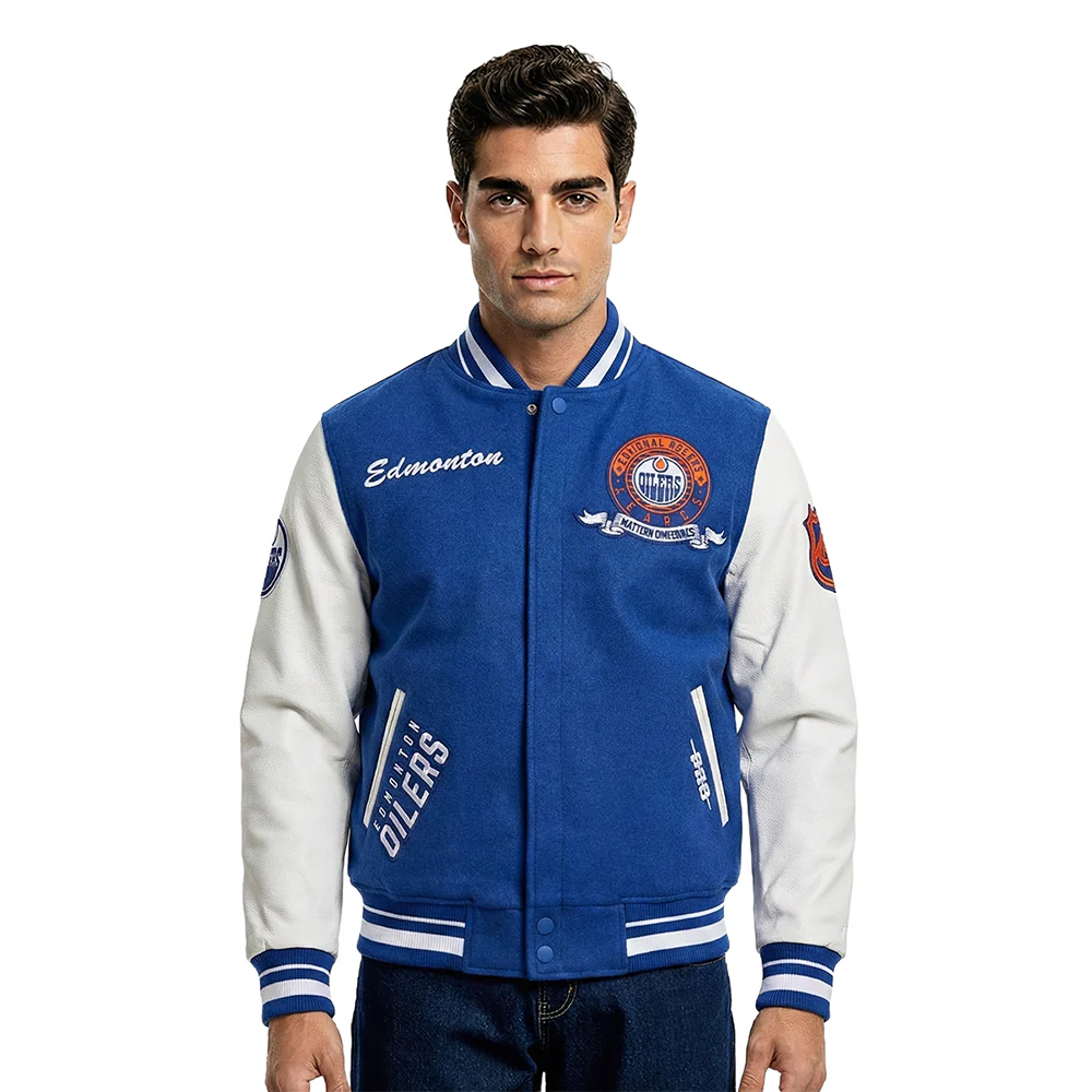 NHL EDMONTON OILERS TEAM BADGE MEN'S RIB WOOL VARSITY JACKET (DODGER BLUE/WHITE) - Image 2