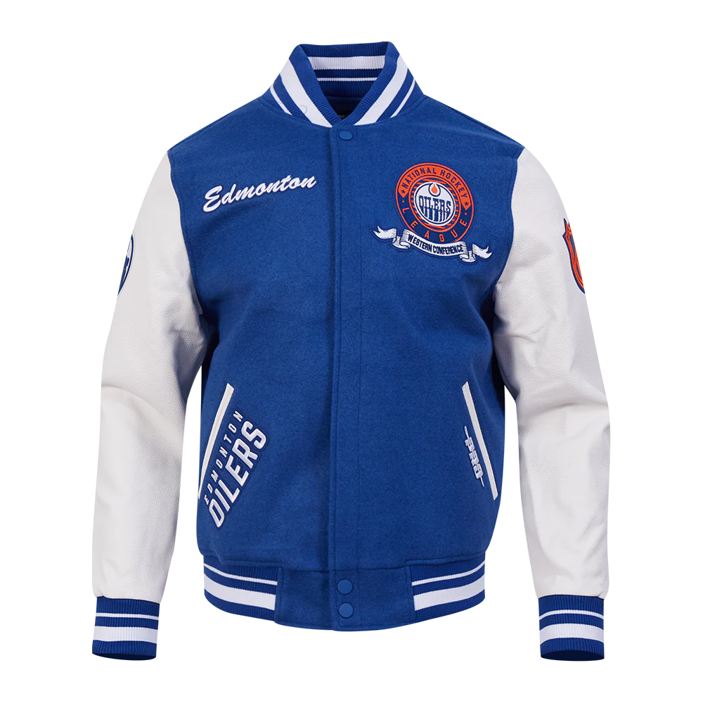 NHL EDMONTON OILERS TEAM BADGE MEN'S RIB WOOL VARSITY JACKET (DODGER BLUE/WHITE) - Image 3