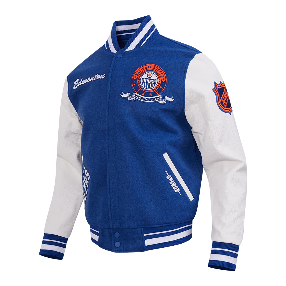 NHL EDMONTON OILERS TEAM BADGE MEN'S RIB WOOL VARSITY JACKET (DODGER BLUE/WHITE) - Image 4
