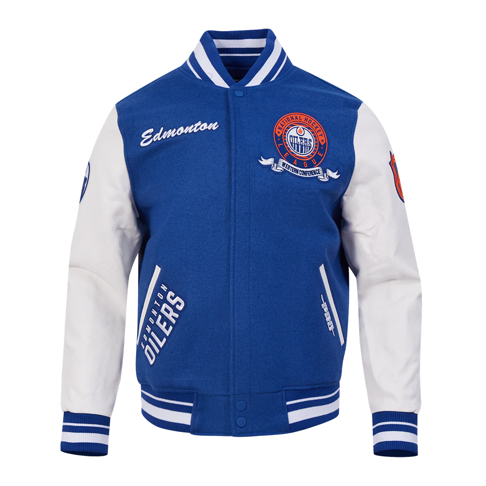 NHL EDMONTON OILERS TEAM BADGE MEN'S RIB WOOL VARSITY JACKET (DODGER BLUE/WHITE) - Image 5
