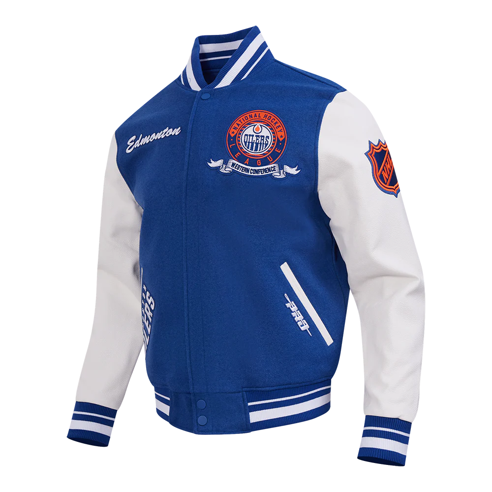 NHL EDMONTON OILERS TEAM BADGE MEN'S RIB WOOL VARSITY JACKET (DODGER BLUE/WHITE) - Image 6
