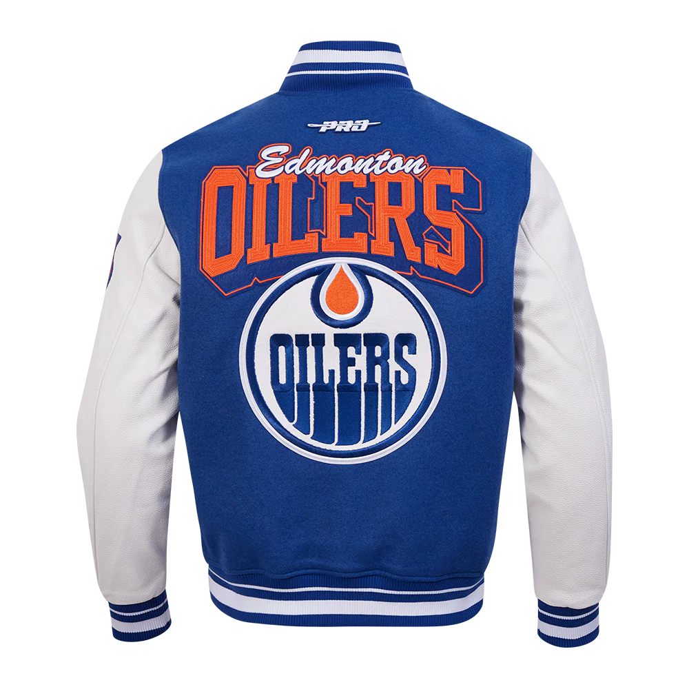 NHL EDMONTON OILERS TEAM BADGE MEN'S RIB WOOL VARSITY JACKET (DODGER BLUE/WHITE) - Image 7