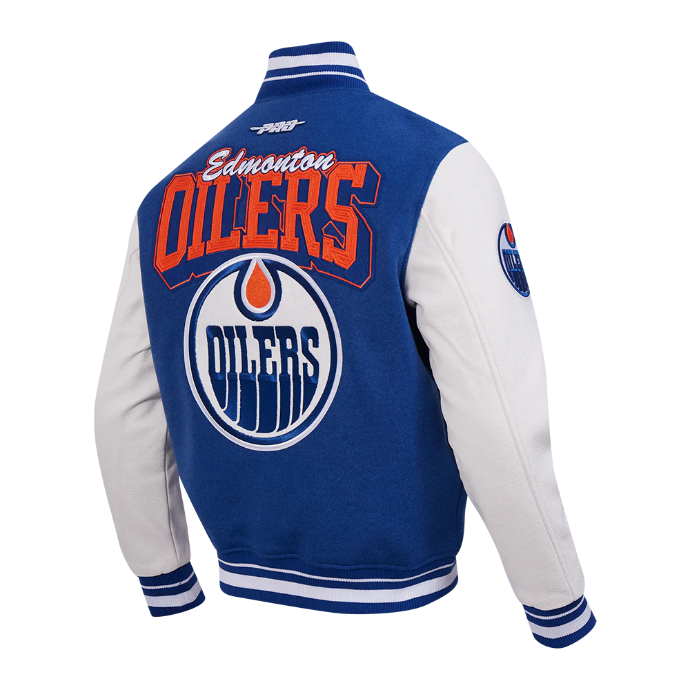 NHL EDMONTON OILERS TEAM BADGE MEN'S RIB WOOL VARSITY JACKET (DODGER BLUE/WHITE) - Image 8