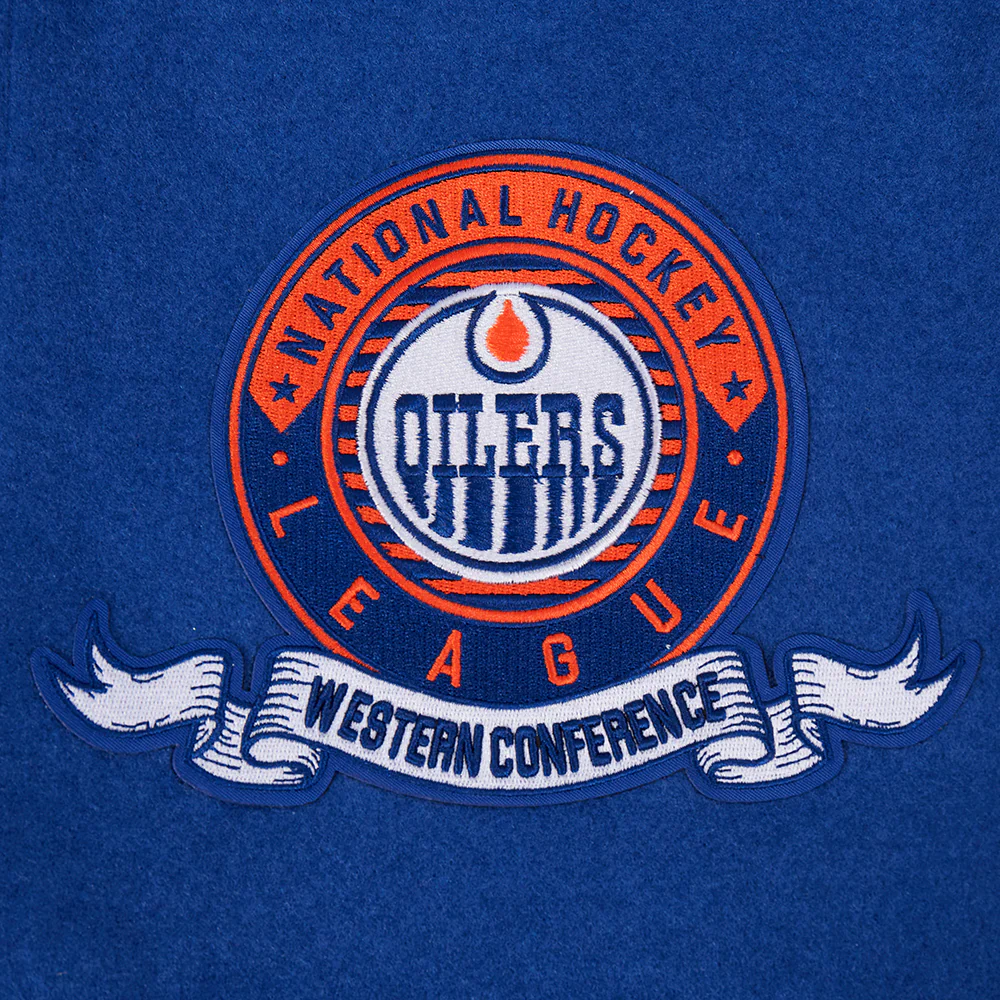 NHL EDMONTON OILERS TEAM BADGE MEN'S RIB WOOL VARSITY JACKET (DODGER BLUE/WHITE) - Image 9
