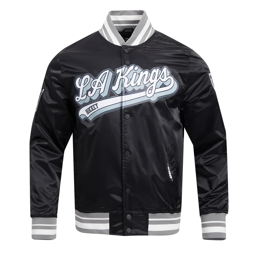 NHL LOS ANGELES KINGS SCRIPT TAIL MEN'S SATIN JACKET (BLACK/GRAY)