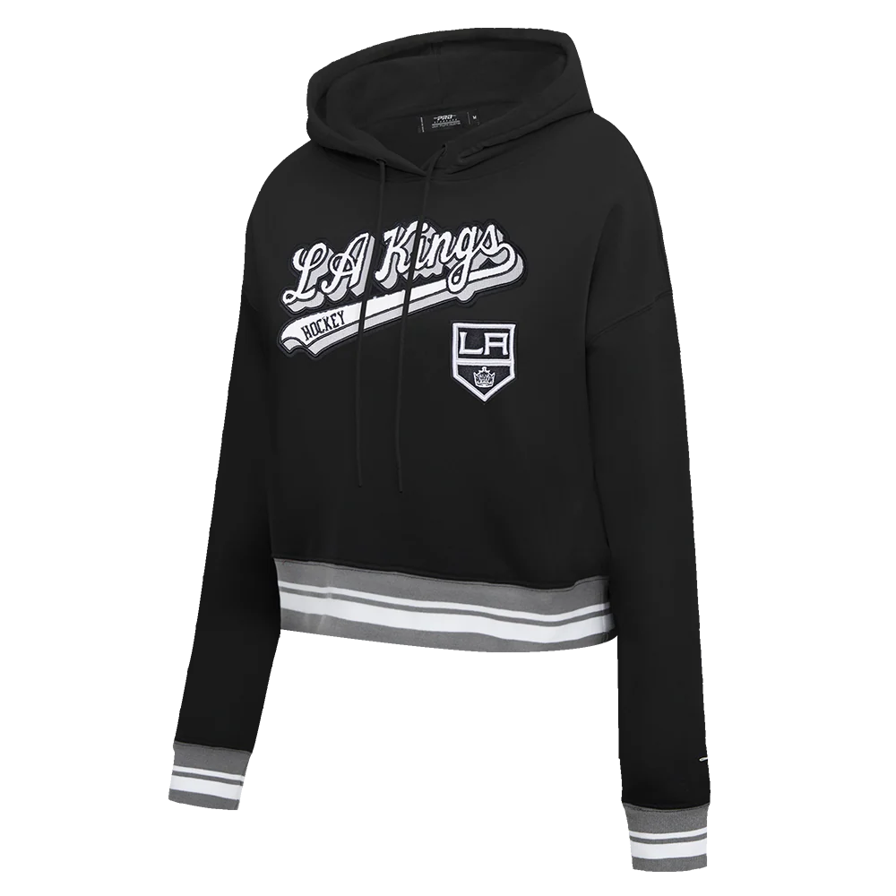 NHL LOS ANGELES KINGS SCRIPT TAIL WOMEN'S RIB FLEECE CROPPED PULLOVER HOODIE (BLACK/GRAY) - Image 2