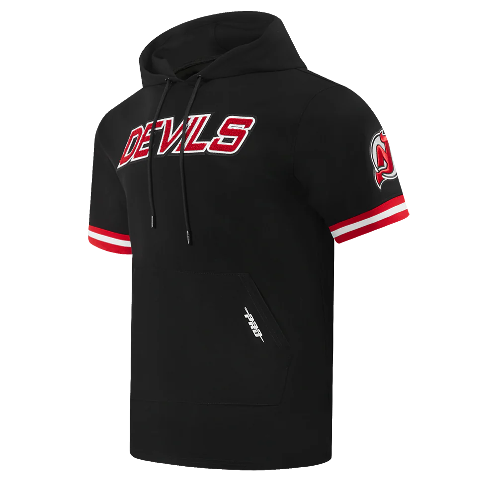 NHL NEW JERSEY DEVILS CLASSIC CHENILLE MEN'S DOUBLE KNIT SHORT SLEEVE PULLOVER HOODIE (BLACK/RED) - Image 2