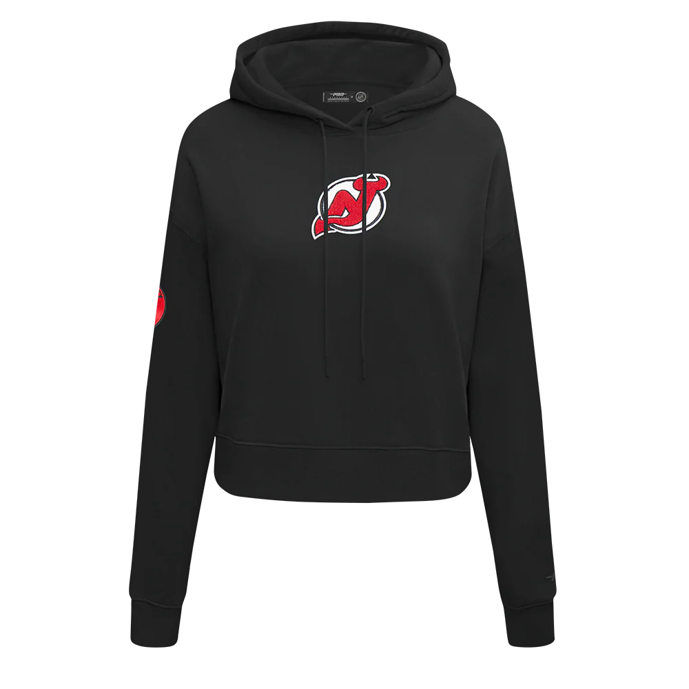 NHL NEW JERSEY DEVILS CLASSIC WOMEN'S FLEECE CROPPED PULLOVER HOODIE (BLACK)